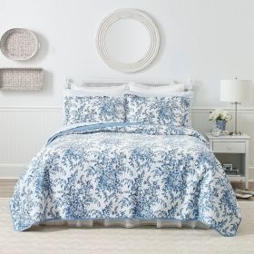 King size 3 Piece Bed-in-a-Bag Reversible Blue White Floral Cotton Quilt Set