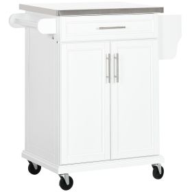 HOMCOM Kitchen Island on Wheels, Rolling Kitchen Cart with Stainless Steel Countertop, Drawer, Towel Rack and Spice Rack, Utility Storage Trolley