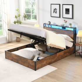 Lift-up Storage Bed Frame, Full Size Bed Frame with Bookcase Headboard & LED Lights, Wooden Platform Bed Frame with Charging Station