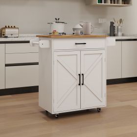 Kitchen island rolling trolley cart with Adjustable Shelves & towel rack & seasoning rack rubber wood table top-White