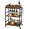 3-Tier Kitchen Serving Bar Cart with Lockable Casters and Handle Rack for Home Pub