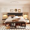 Queen Size Wood Platform Bed with Upholstered Headboard, Lights and Storage Nightstand, Bench, Walnut