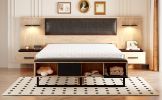 Queen Size Wood Platform Bed with Upholstered Headboard, Lights and Storage Nightstand, Bench, Walnut