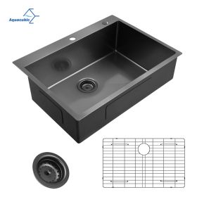 Aqucubic Gunmetal Black CUPC Handmade 304 Stainless Steel Topmount Kitchen Sink with Accessories and faucet (Color: ACS3022A1T)