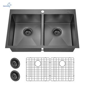 Aqucubic Gunmetal Black CUPC Handmade 304 Stainless Steel Topmount Kitchen Sink with Accessories and faucet (Color: ACS3322A2T)