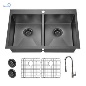 Aqucubic Gunmetal Black CUPC Handmade 304 Stainless Steel Topmount Kitchen Sink with Accessories and faucet (Color: ACS3322A2T-F)