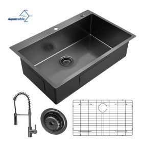 Aqucubic Gunmetal Black CUPC Handmade 304 Stainless Steel Topmount Kitchen Sink with Accessories and faucet (Color: ACS3322A1T-F)