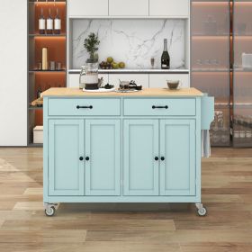 Kitchen Island Cart with 4 Door Cabinet and Two Drawers and 2 Locking Wheels - Solid Wood Top, Adjustable Shelves, Spice & Towel Rack(Mint Green) (Color: as Pic)