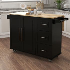 Kitchen Island with Spice Rack, Towel Rack and Extensible Solid Wood Table Top-Black (Color: as Pic)