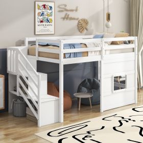 Twin Size Loft Bed with Storage Staircase and Window (Color: White)