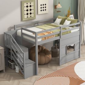 Twin Size Loft Bed with Storage Staircase and Window (Color: Gray)