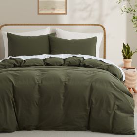 100% Washed Cotton Duvet Cover Set, Durable Fade-Resistant Natural Bedding Set (No Comforter) (Color: Olive Green)