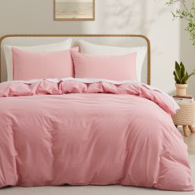 100% Washed Cotton Duvet Cover Set, Durable Fade-Resistant Natural Bedding Set (No Comforter) (Color: PINK)