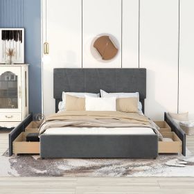 Queen Size Upholstery Platform Bed with Four Drawers on Two Sides, Adjustable Headboard (Color: Grey)