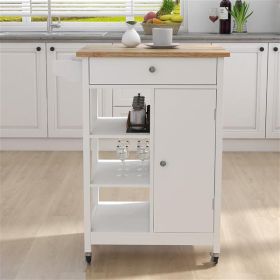 Kitchen island rolling trolley cart with Adjustable Shelves and towel rack rubber wood table top (Color: as picture)